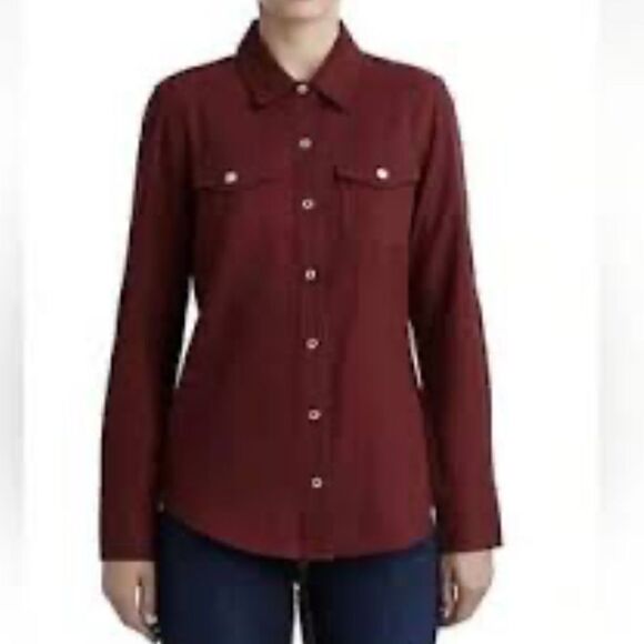 True Religion Utility Shirt Womens L Burgundy Long Sleeve Roll Tab Button Up NWT - Picture 1 of 11
